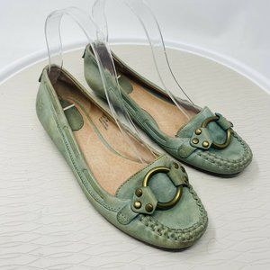 Frye Women Shoes 6 Light Green Leather Ruby Ring Kitten Hidden Heel Slip On